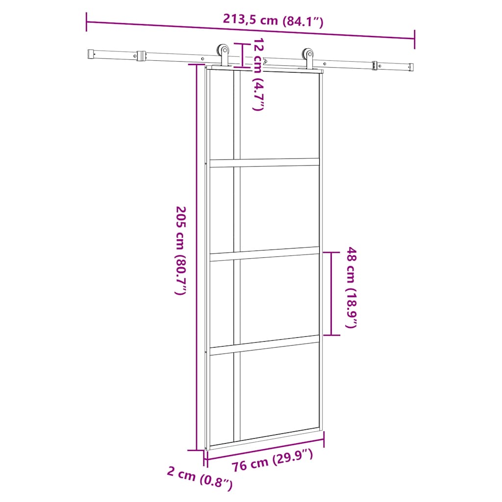Klizna vrata s priborom 76 x 205 cm kaljeno staklo i aluminij