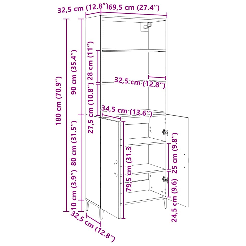 Highboard Crni hrast 69,5 x 32,5 x 180 cm Konstruirano drvo