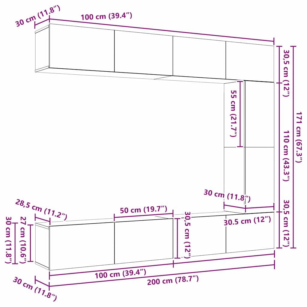 Set TV komoda Zidne 5 pcs Crni hrast Konstruirano drvo