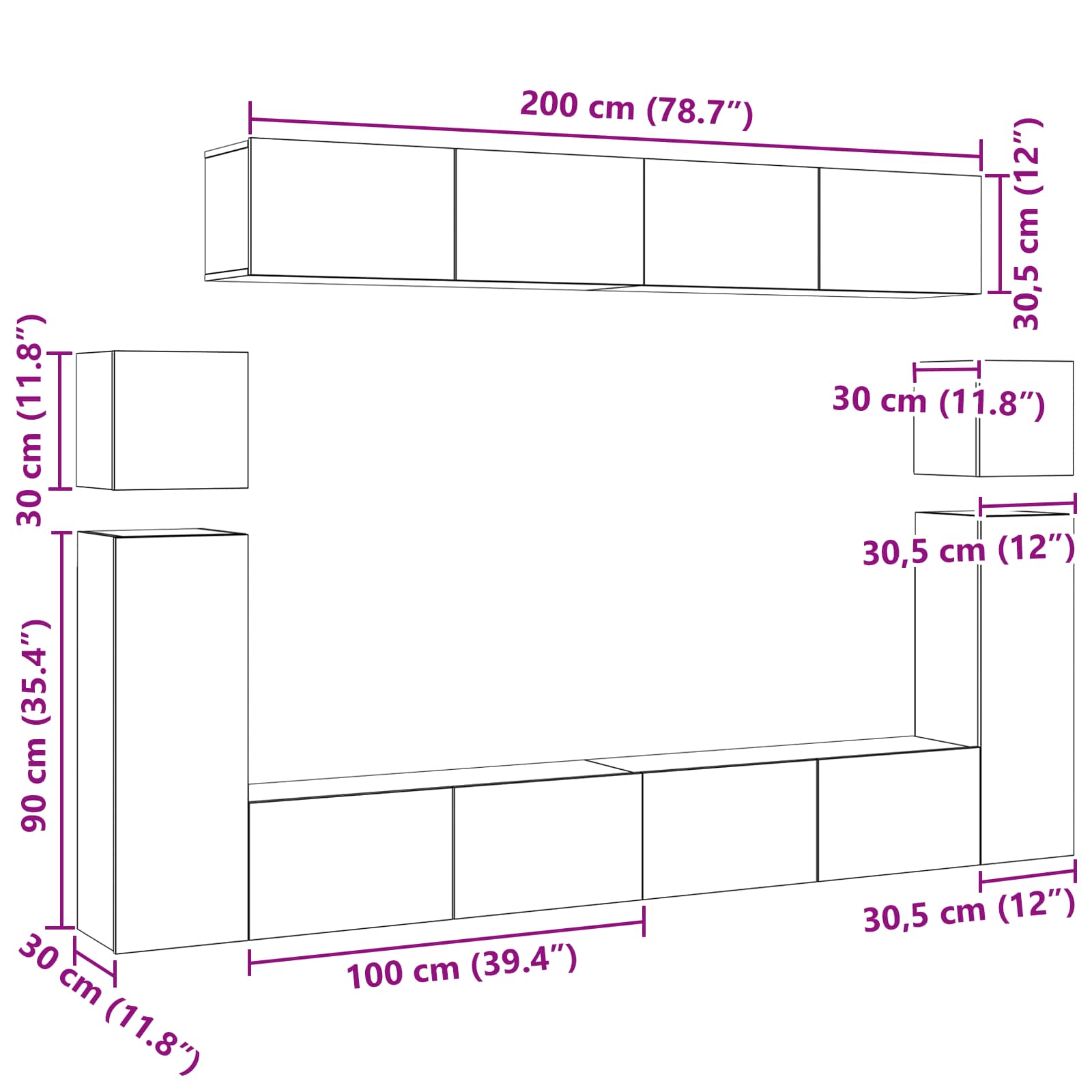 Set TV komoda Zidne 8 pcs Crni hrast Konstruirano drvo