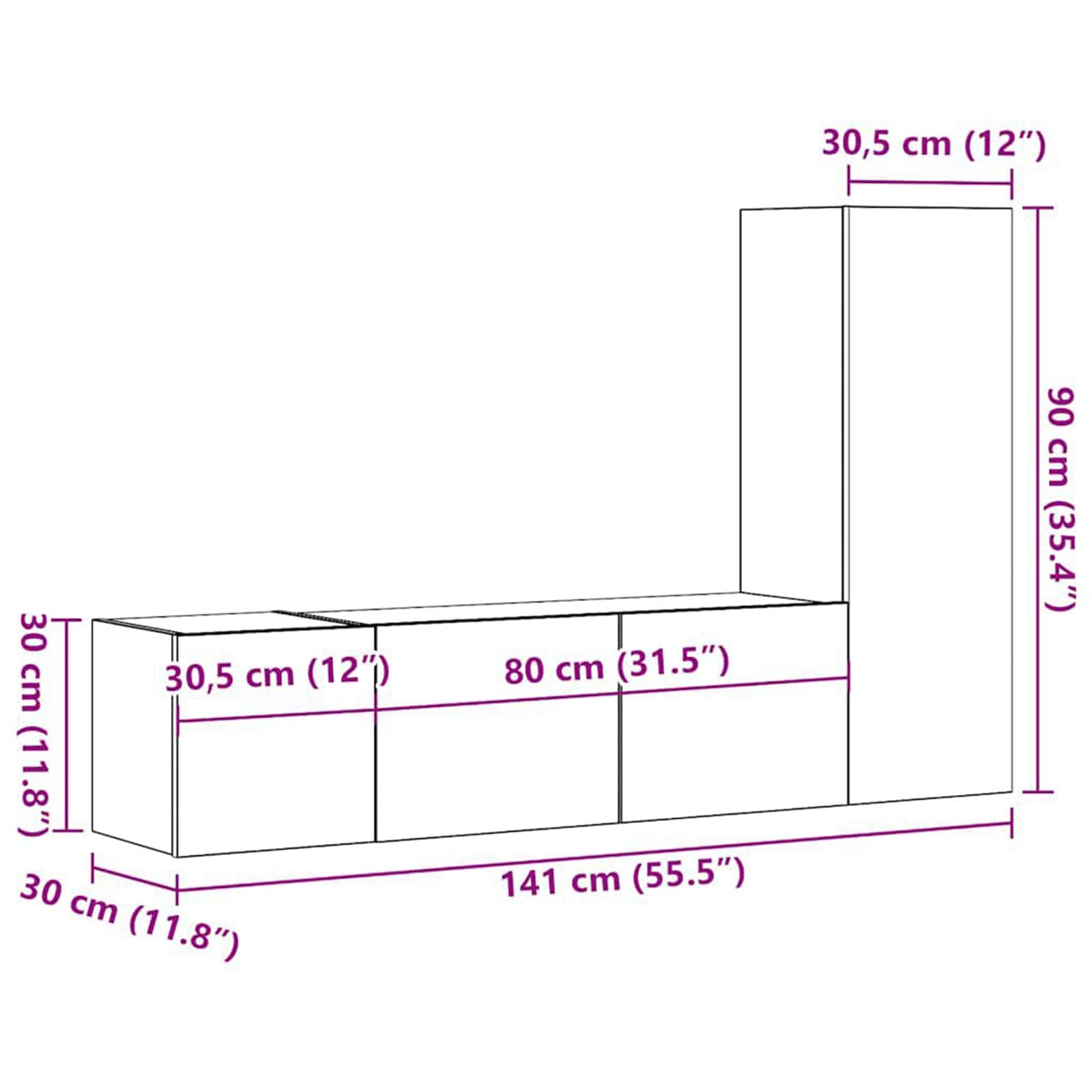 Set TV komoda Zidne 3 pcs Crni hrast 130,5 x 30 x 140 cm