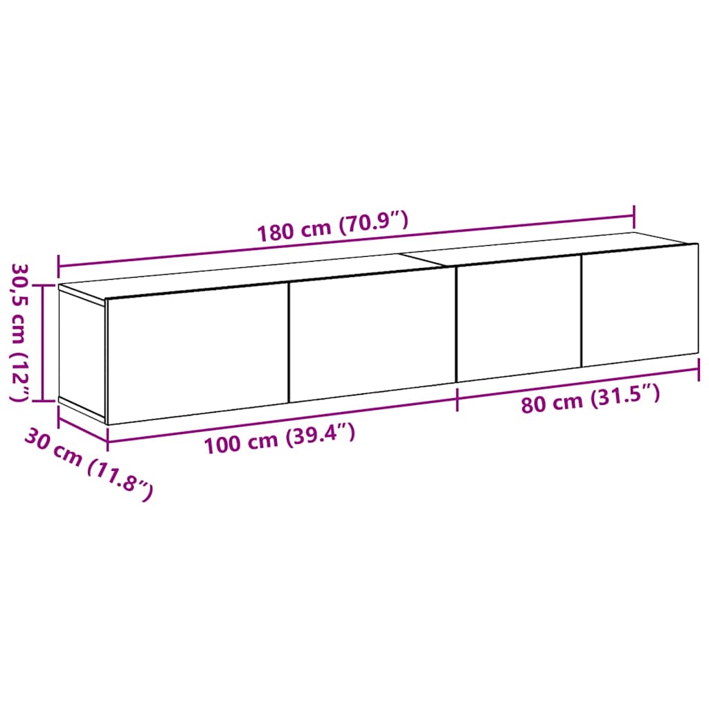 Set TV komoda Zidne 2 pcs Crni hrast Konstruirano drvo
