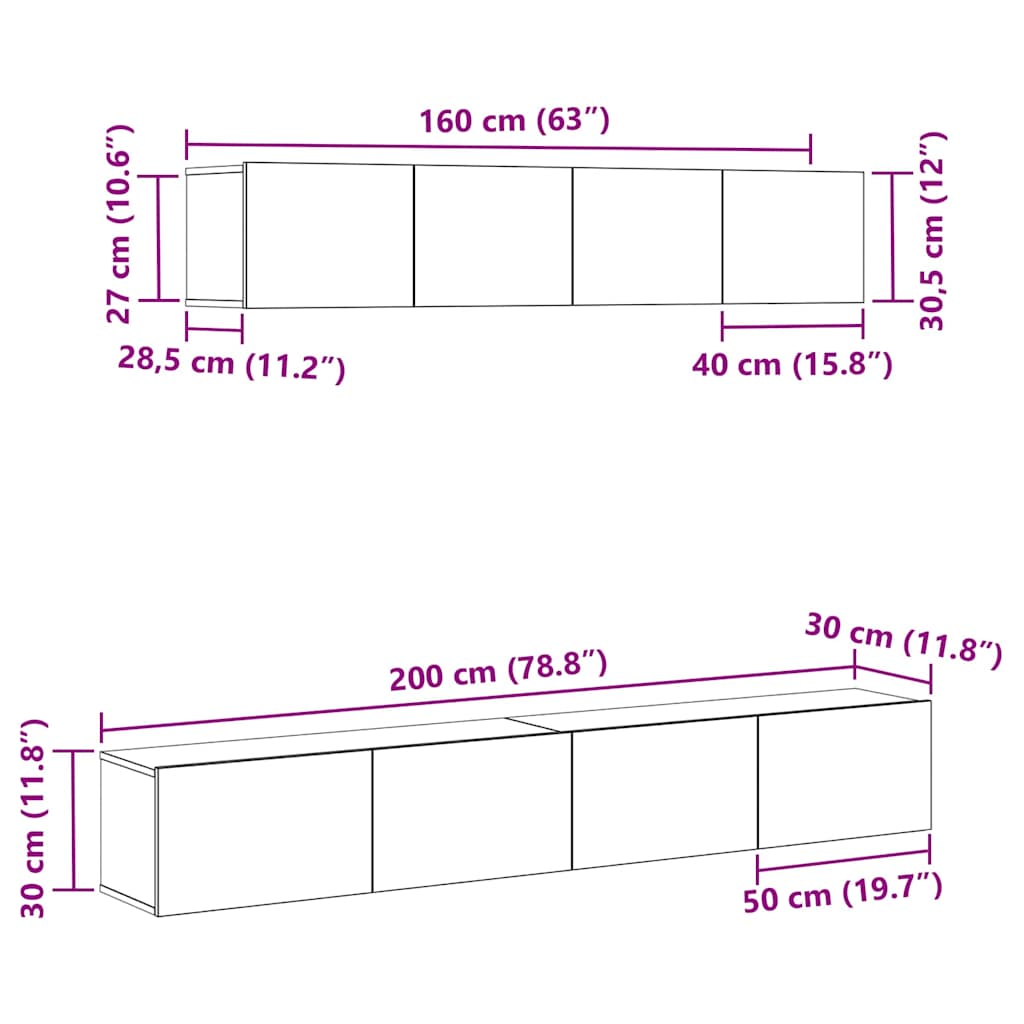 Set TV komoda Zidne 4 pcs Crni hrast Konstruirano drvo