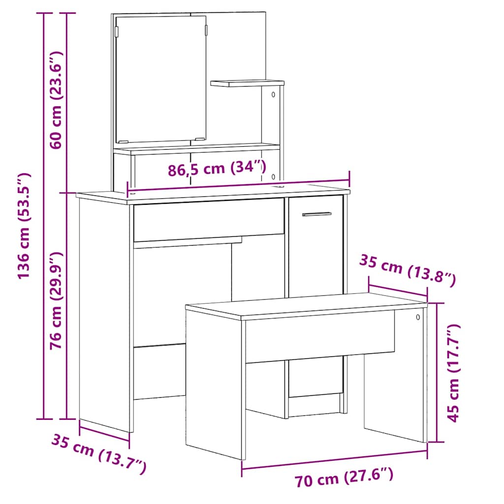 Set toaletnog stolića 2 pcs Crni hrast Konstruirano drvo
