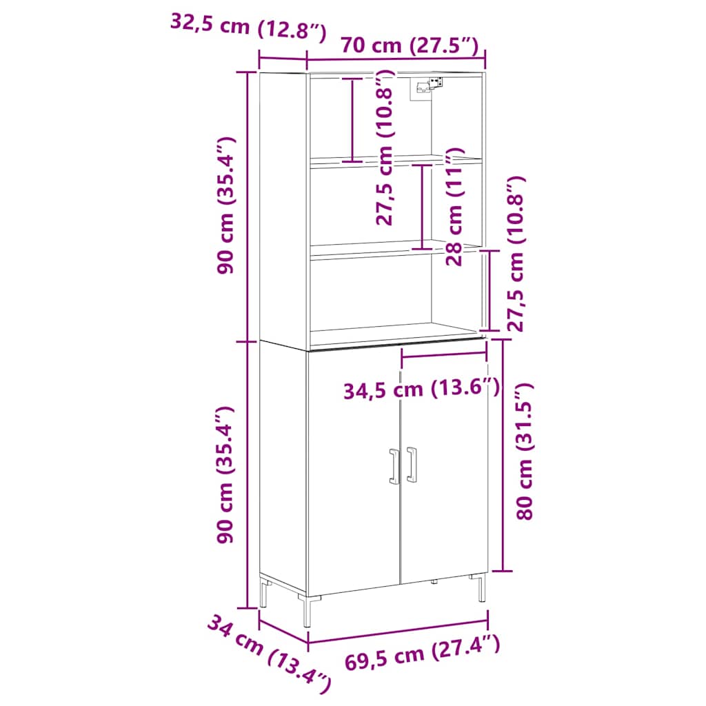 Highboard Crni hrast 69,5 x 34 x 180 cm Konstruirano drvo