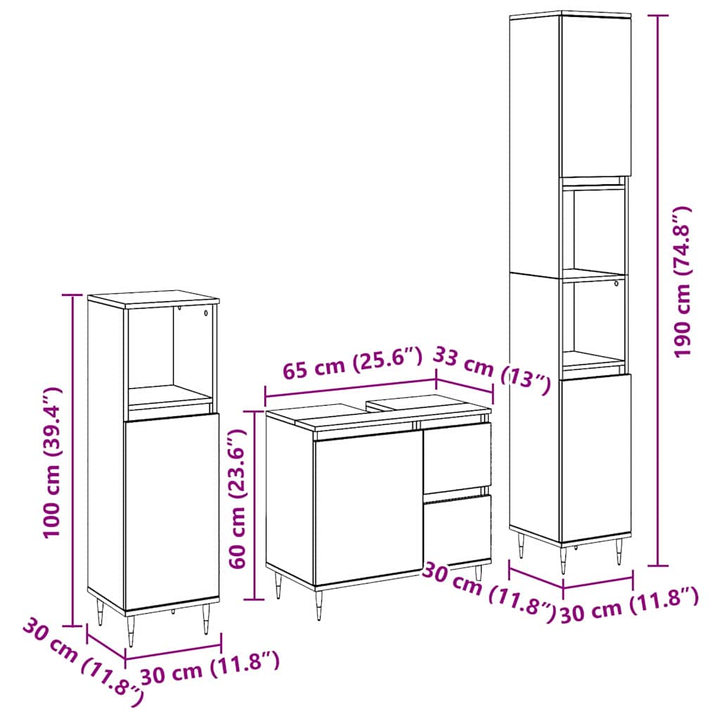 Set namještaja za kupaonicu 3 kom. Crni hrast 30 x 30 x 190 cm