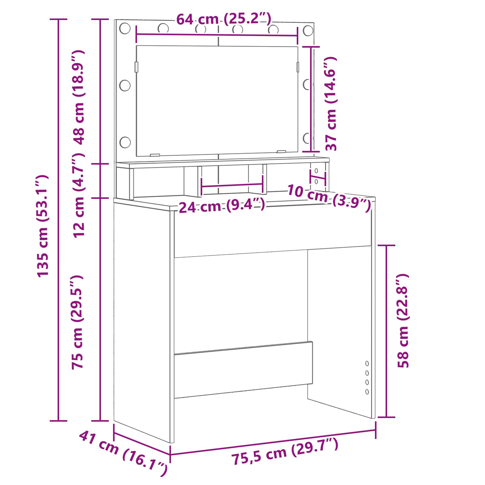 Toaletni stol Bijelo 78,5 x 41 x 135 cm Konstruirano drvo