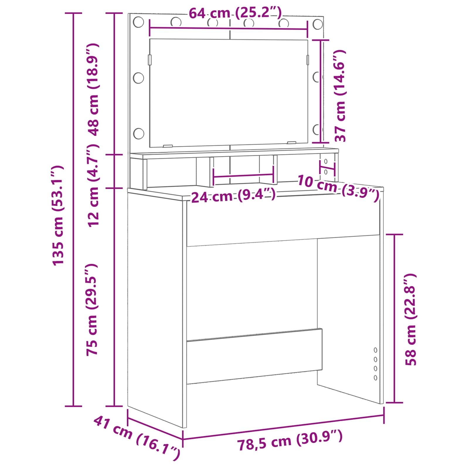 Toaletni stol Siva Sonoma 78,5 x 41 x 135 cm Konstruirano drvo