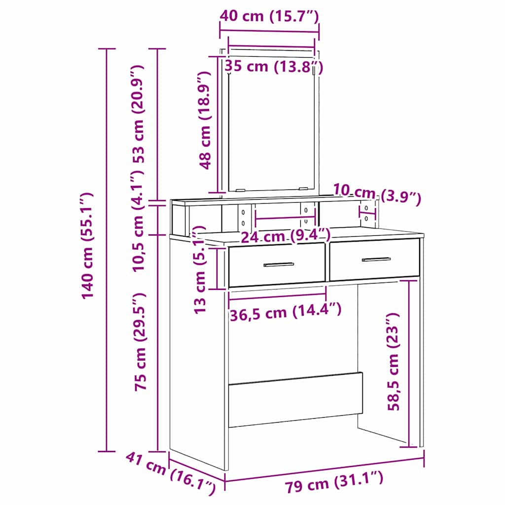 Toaletni stol s ladicama Umjetnički hrast 79 x 41 x 140 cm
