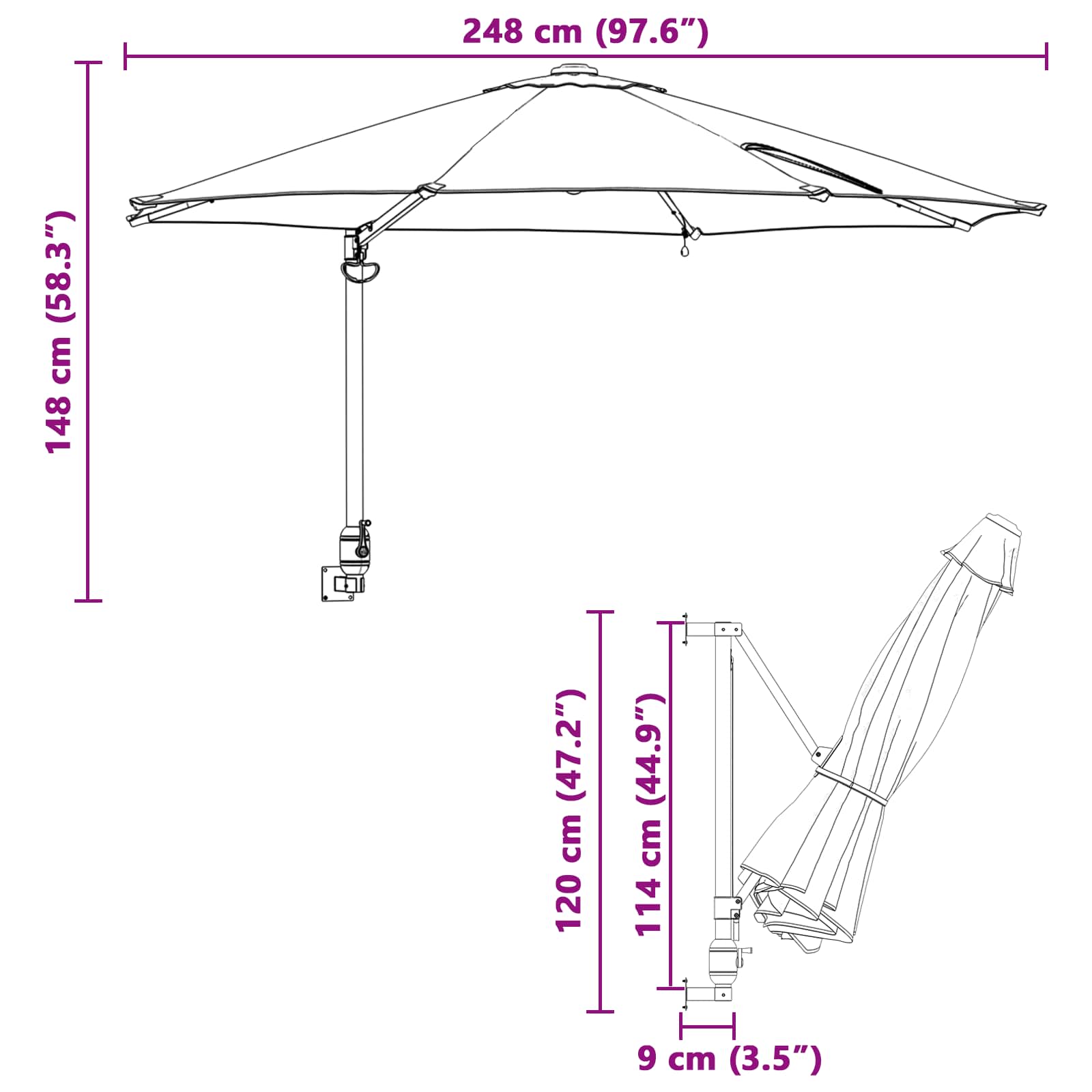 Vrtni suncobran S LED lampica Azurnoplava 248 x 248 x 148 cm