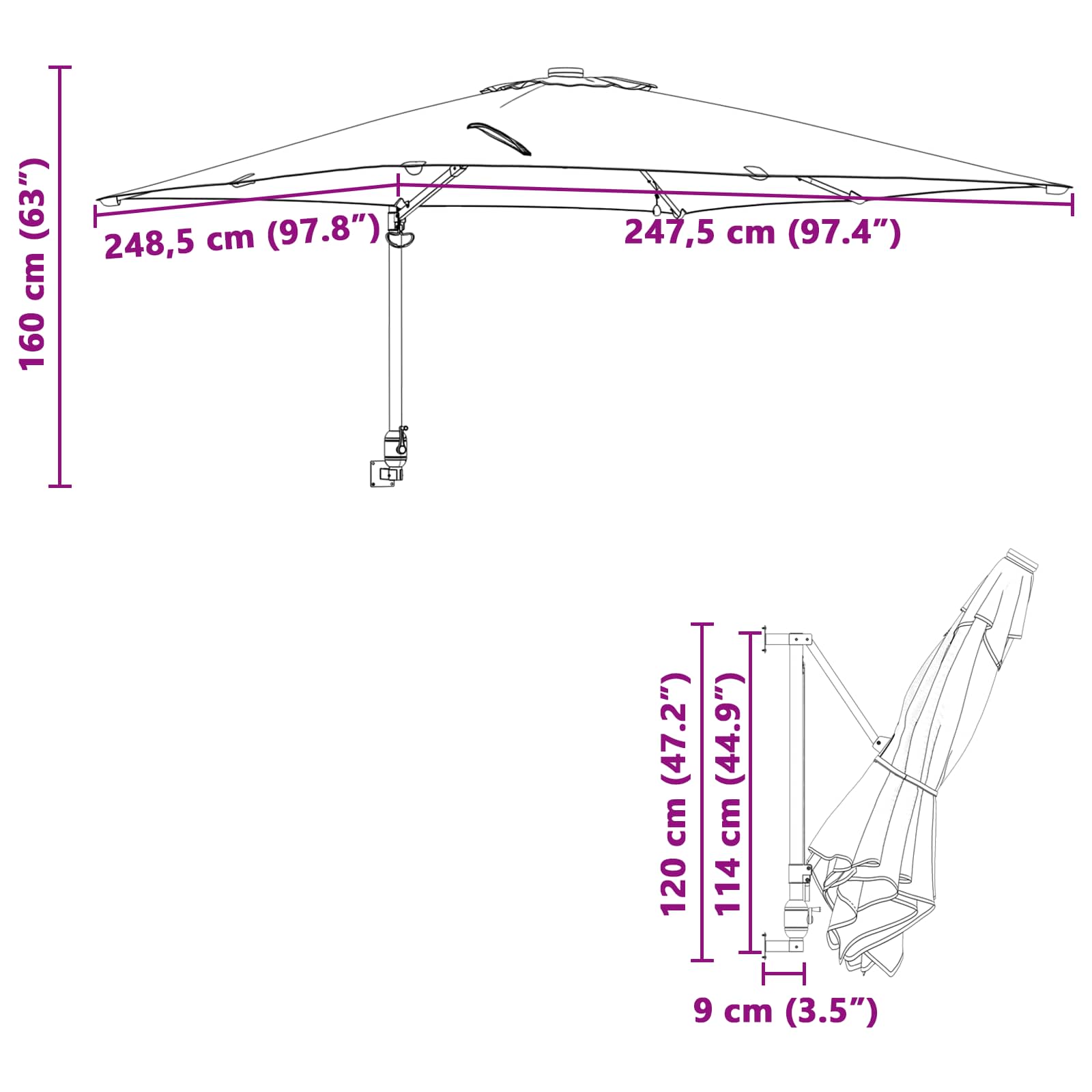 Vrtni suncobran S LED lampica Pijesak 248,5 x 247,5 x 160 cm