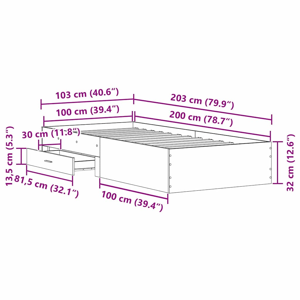 Krevetna konstrukcija s ladicama Umjetnički hrast 100 x 200 cm