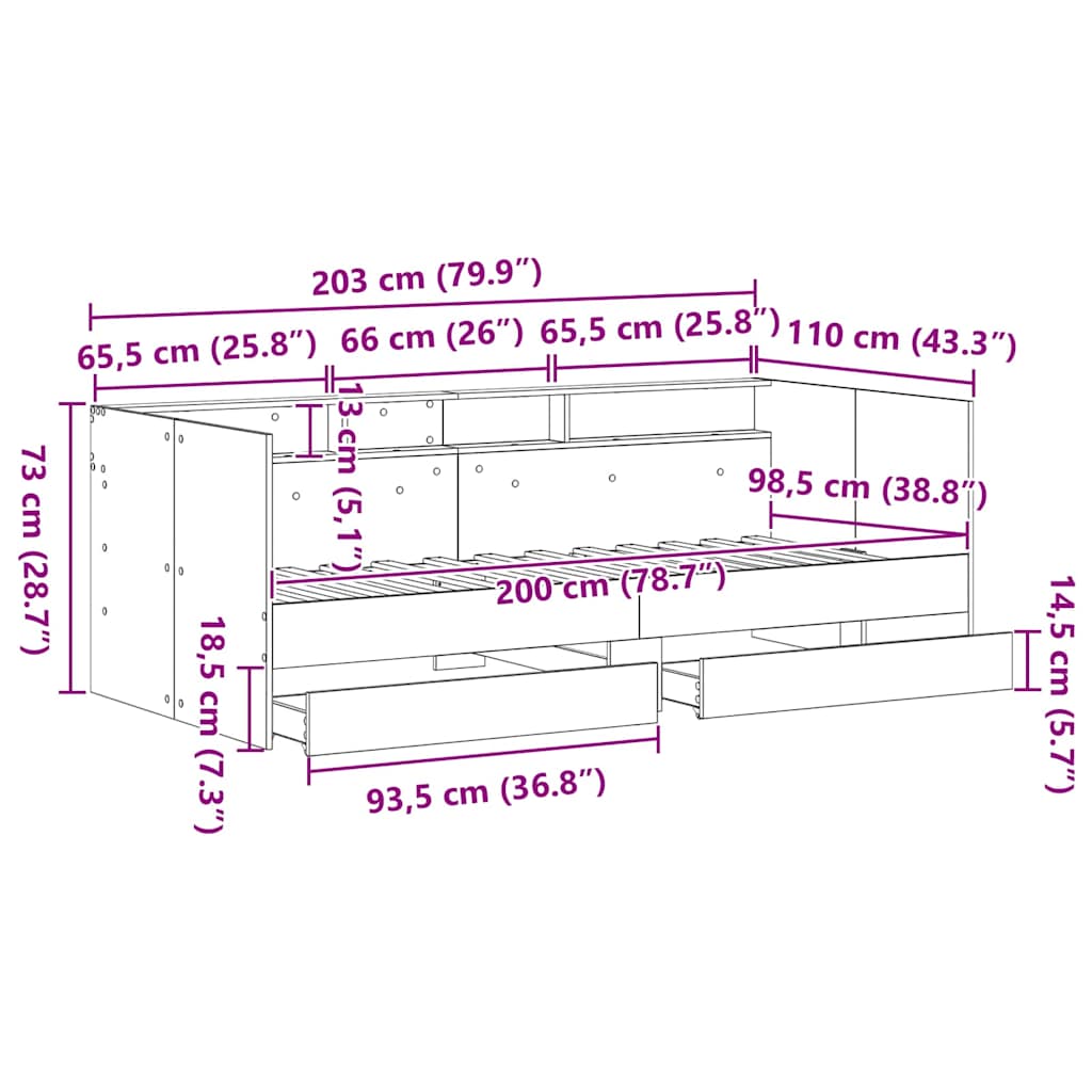 Krevet na dan Crni hrast 100 x 200 cm Konstruirano drvo