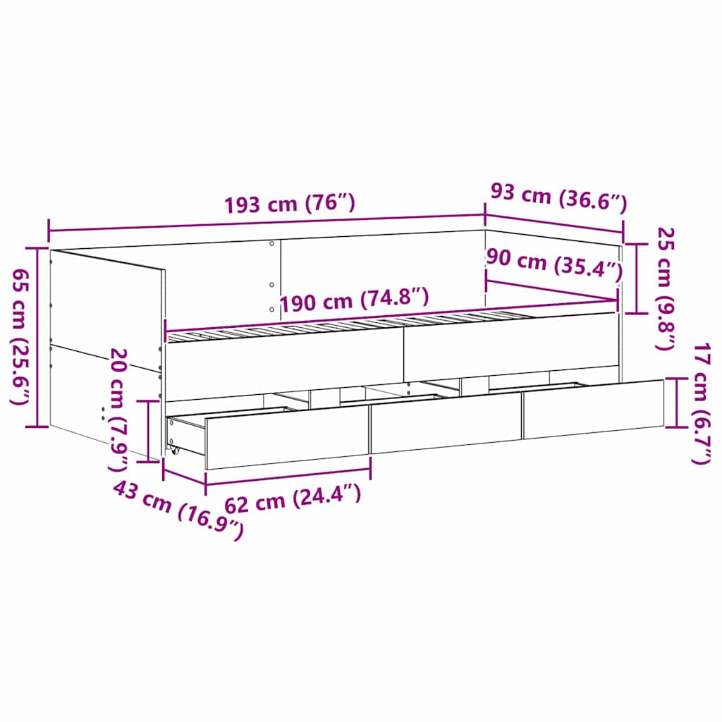 Krevet na dan Crni hrast 90 x 190 cm Konstruirano drvo