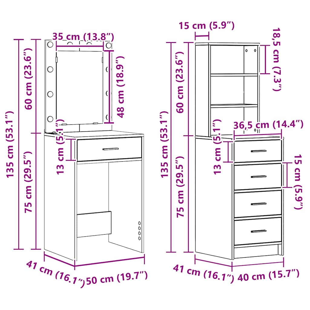 Toaletni stol 2 pcs Crna 50 x 41 x 135 cm Konstruirano drvo