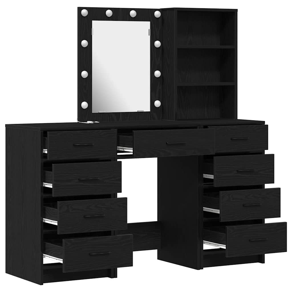 Toaletni stol s zrcalnim svjetlima 3 pcs Crna Konstruirano drvo