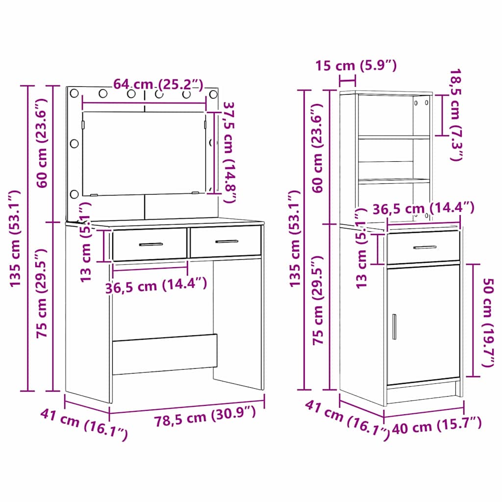 Toaletni stol s zrcalnim svjetlima 2 pcs Siva Konstruirano drvo