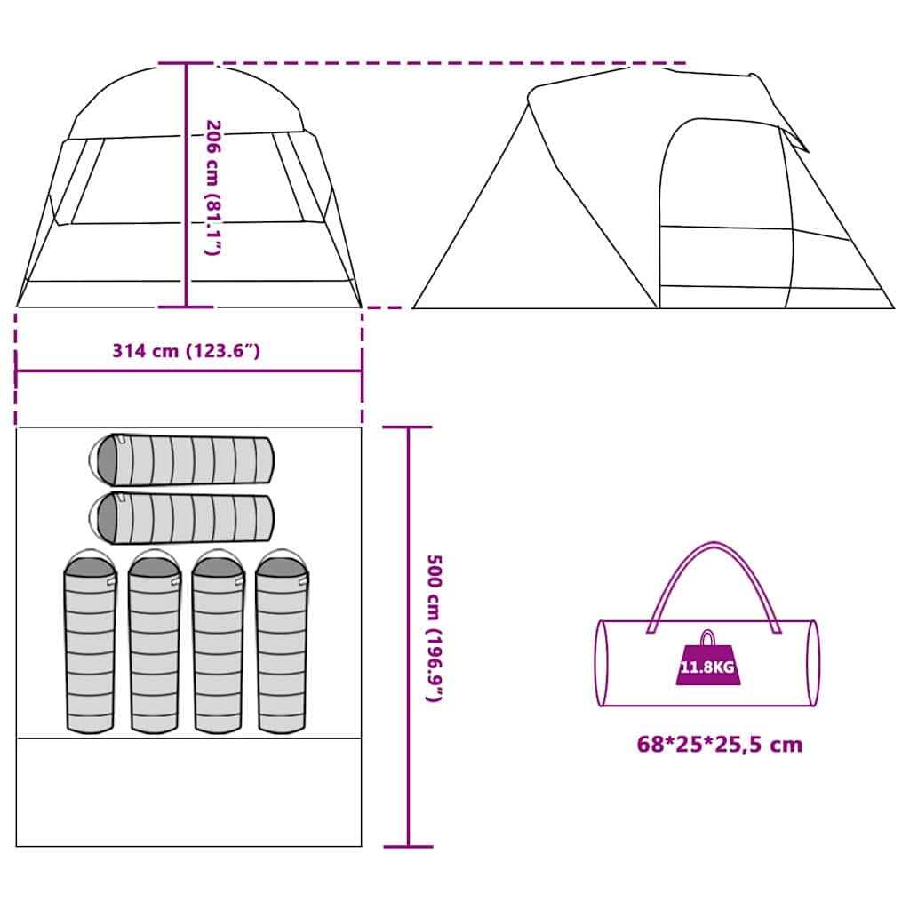 Šator kupola za 6 osoba s krovom Zelena 500 x 314 x 206 cm