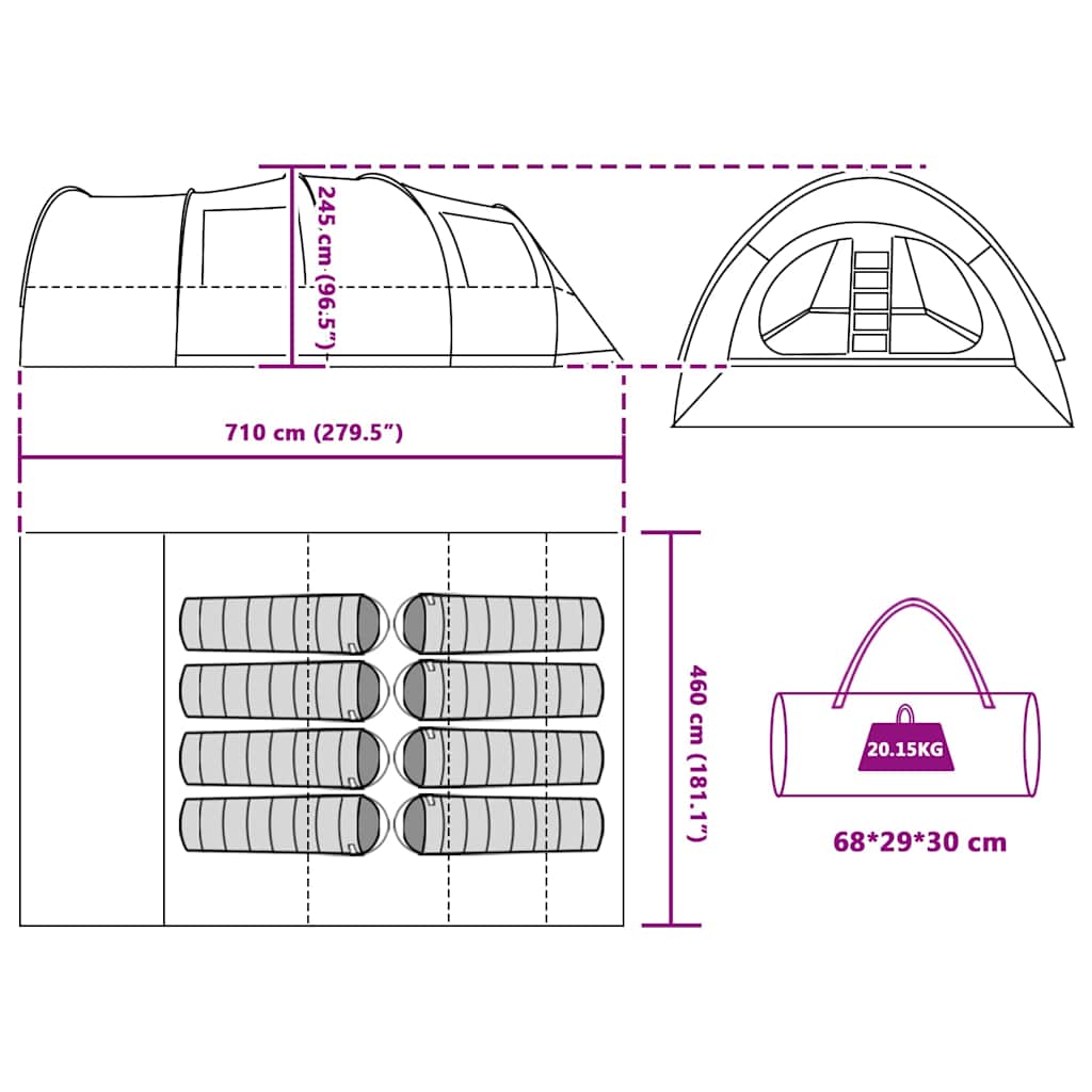 Tunelski šator za 8 osoba s krovom Zelena 710 x 460 x 245 cm