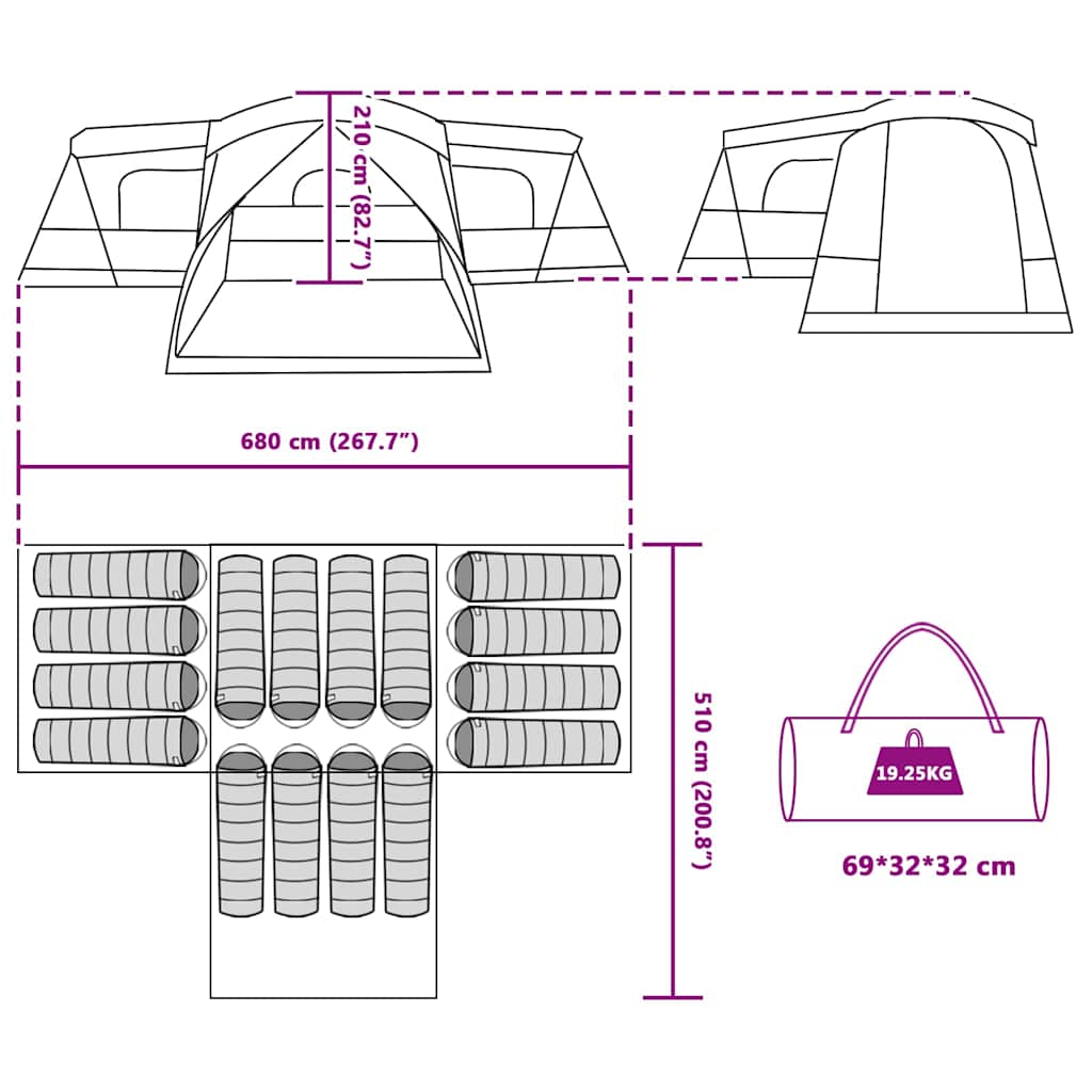 Šator za 16 osoba s krovom s pohranom Zelena 680 x 510 x 210 cm