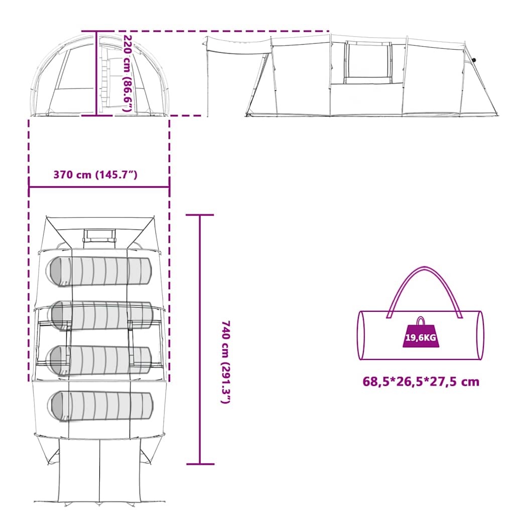 Tunelski šator za 4 osobe Plava i siva 740 x 370 x 220 cm