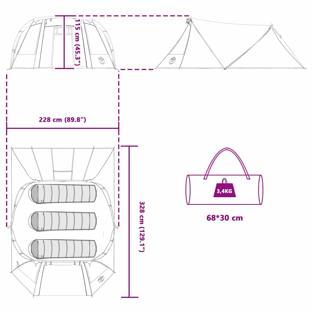 Tunelska šator za 3 osobe Plava i siva 328 x 228 x 115 cm