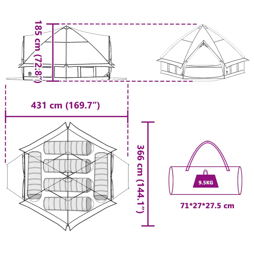 Teepee šator za 6 osoba Siva i narančasta 431 x 366 x 185 cm