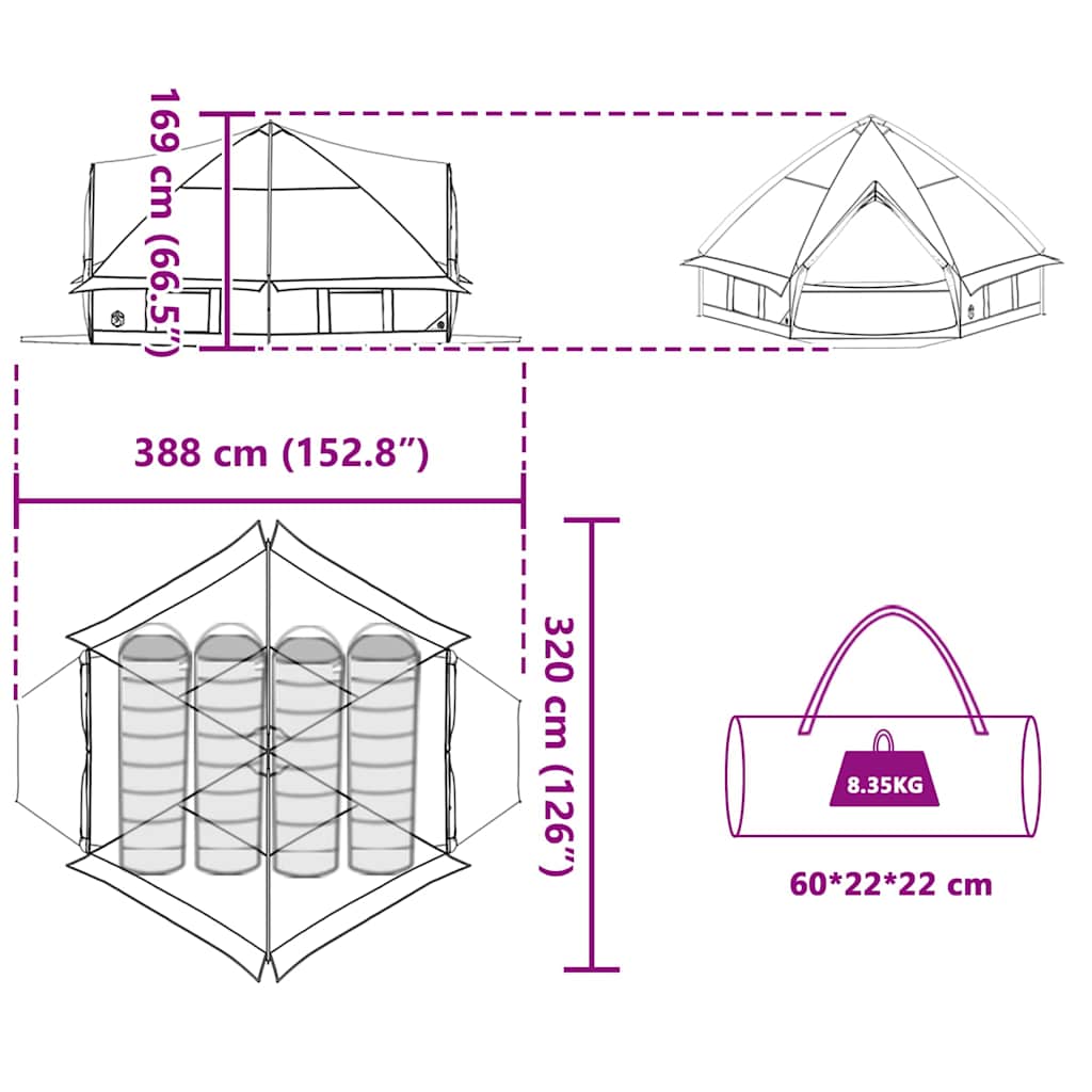 Tenda za 4 osobe s krovom Zelena i Siva 388 x 320 x 169 cm