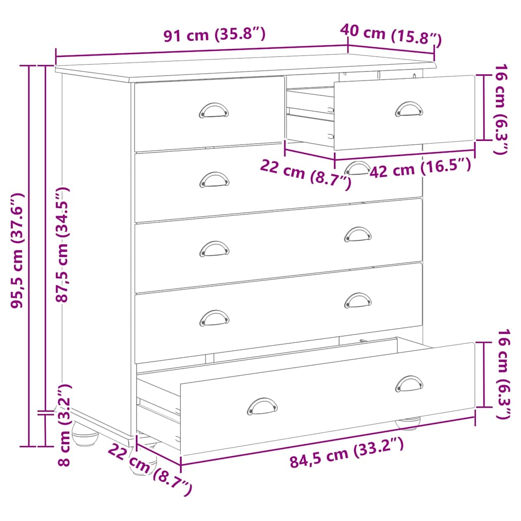 Komoda ASKIM Smeđa 91 x 40 x 95,5 cm Čvrsto borovo drvo