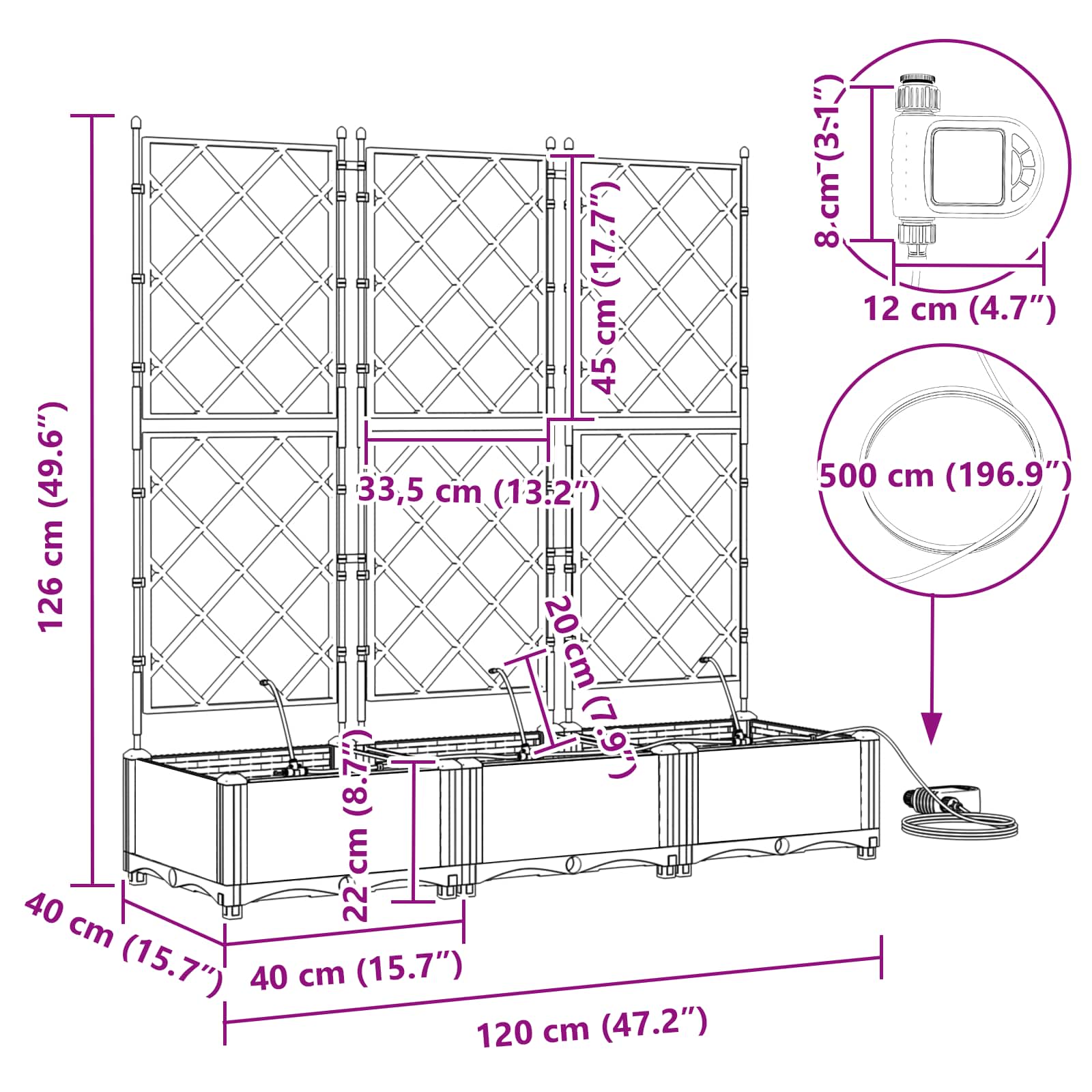 Vrtna saksija 3 pcs Sivi 120 x 40 x 126 cm Plastika