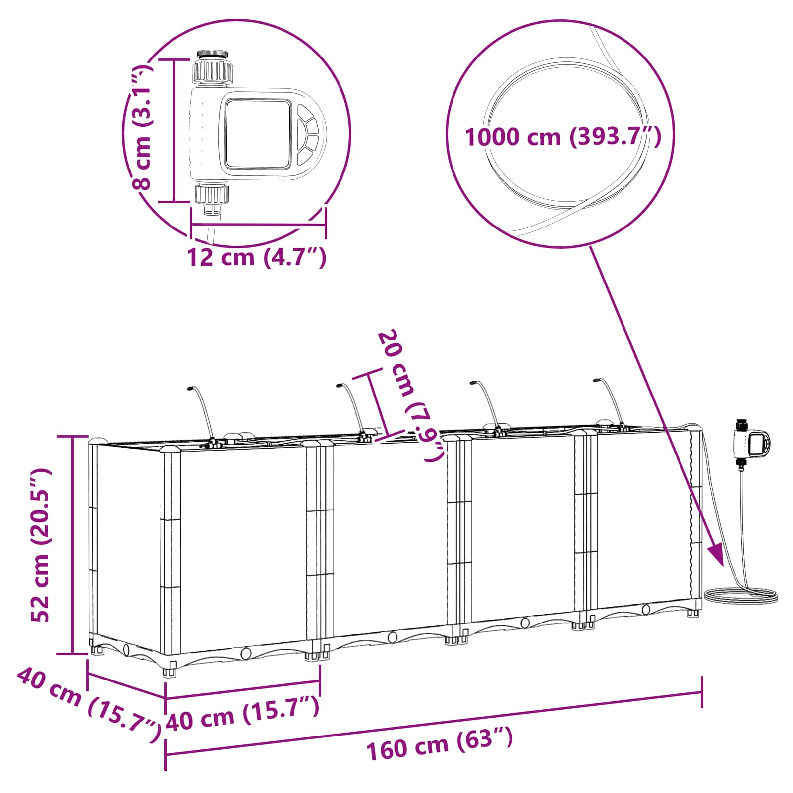 Vrtna saksija 4 pcs Sivi 160 x 40 x 52 cm Plastika