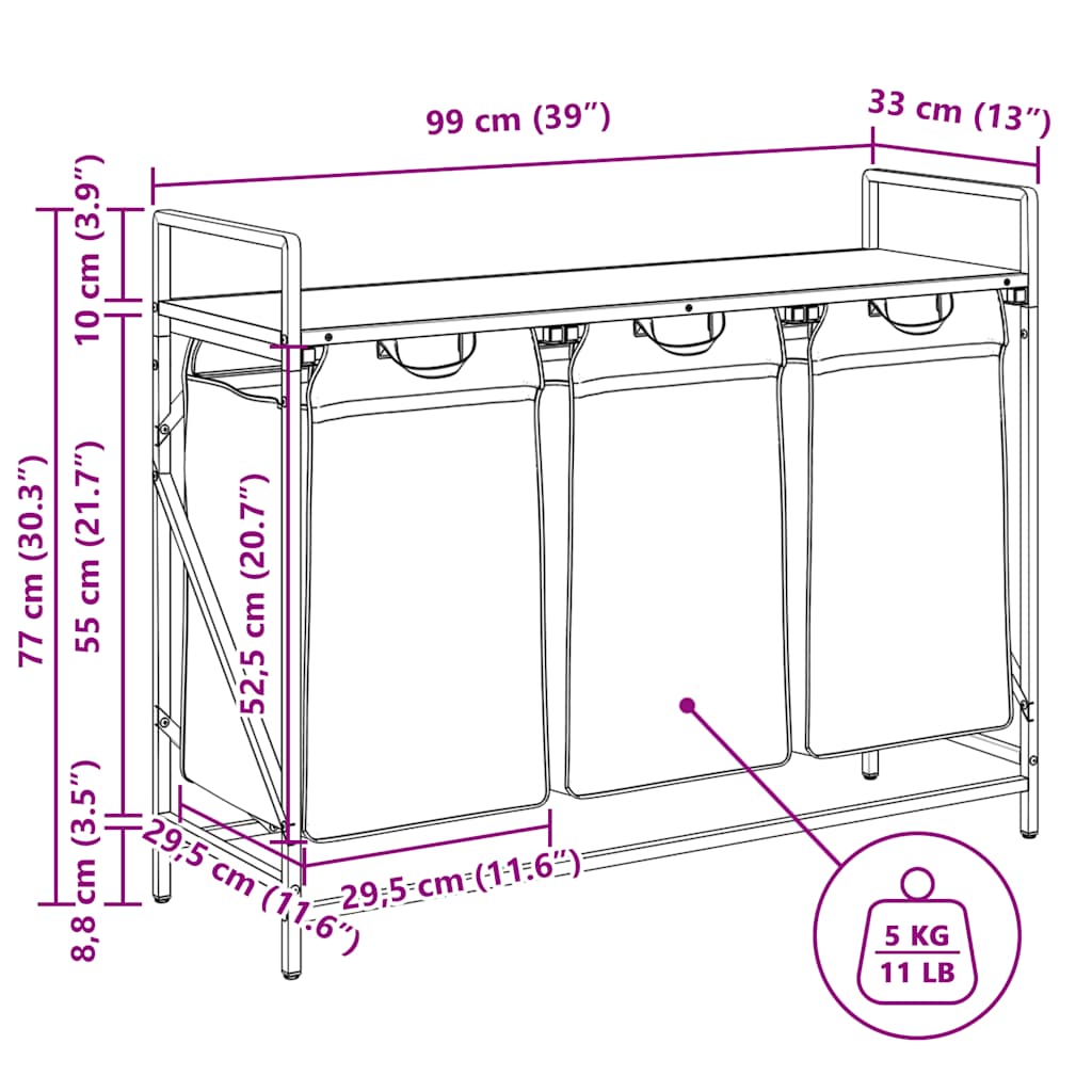 Košara za rublje s 3 pretinca i policom, siva, Sonoma
