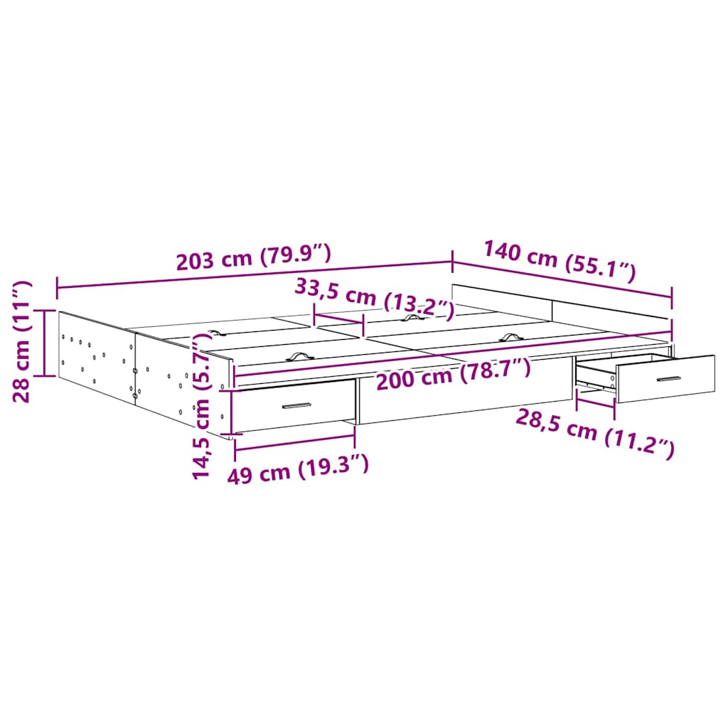 Krevet s ladicama Dimljeni hrast 140 x 200 cm Konstruirano drvo