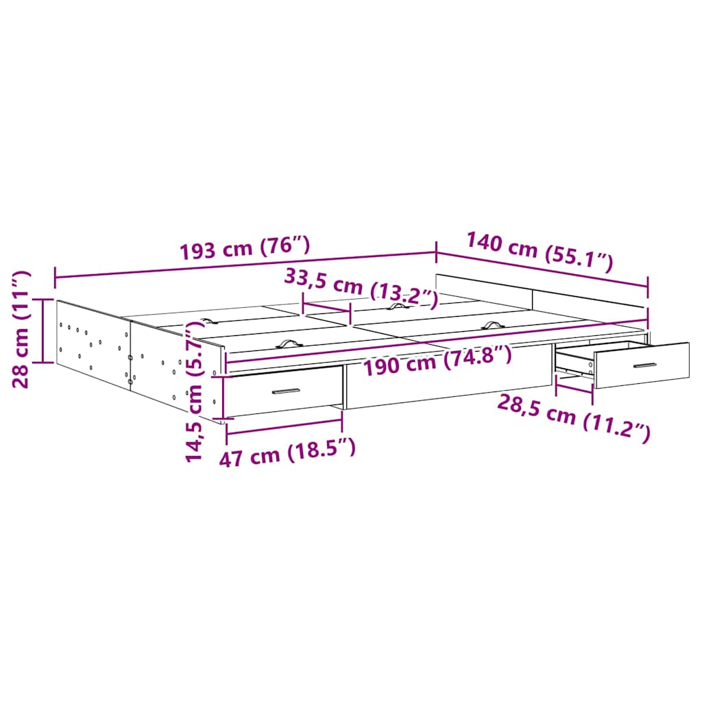 Krevet s ladicama Siva Sonoma 140 x 190 cm Konstruirano drvo