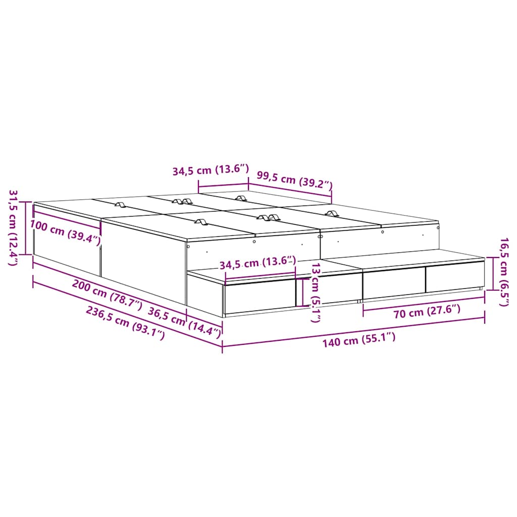 Krevet s ladicama Siva Sonoma 140 cm Konstruirano drvo