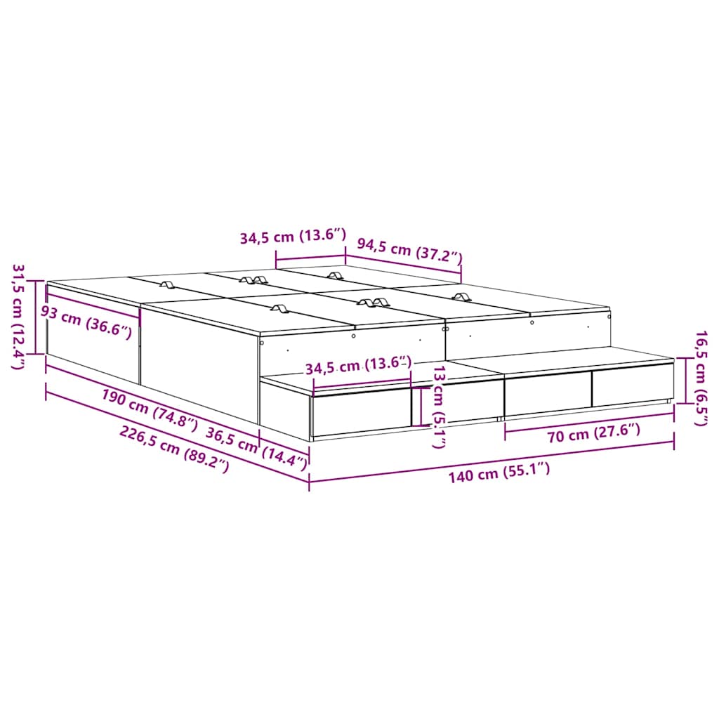 Krevet s ladicama Betonski sivi 140 cm Konstruirano drvo