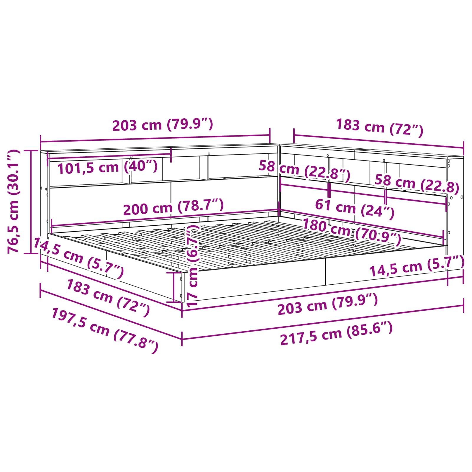 Krevet s policama Beton siva 180 x 200 cm Konstruirano drvo