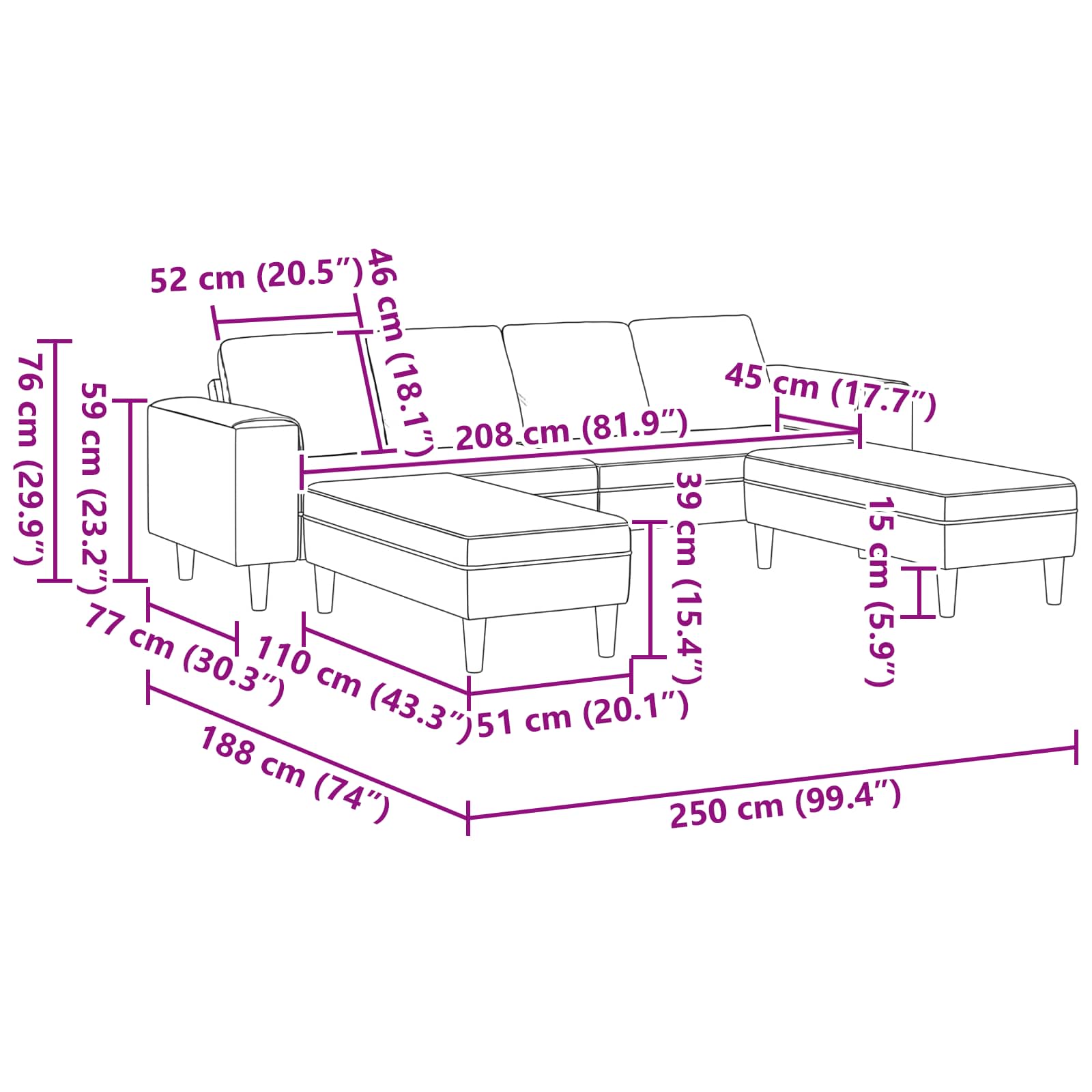 Kauč za dnevni boravak 3 pcs Vinska crvena 250 x 188 x 76 cm
