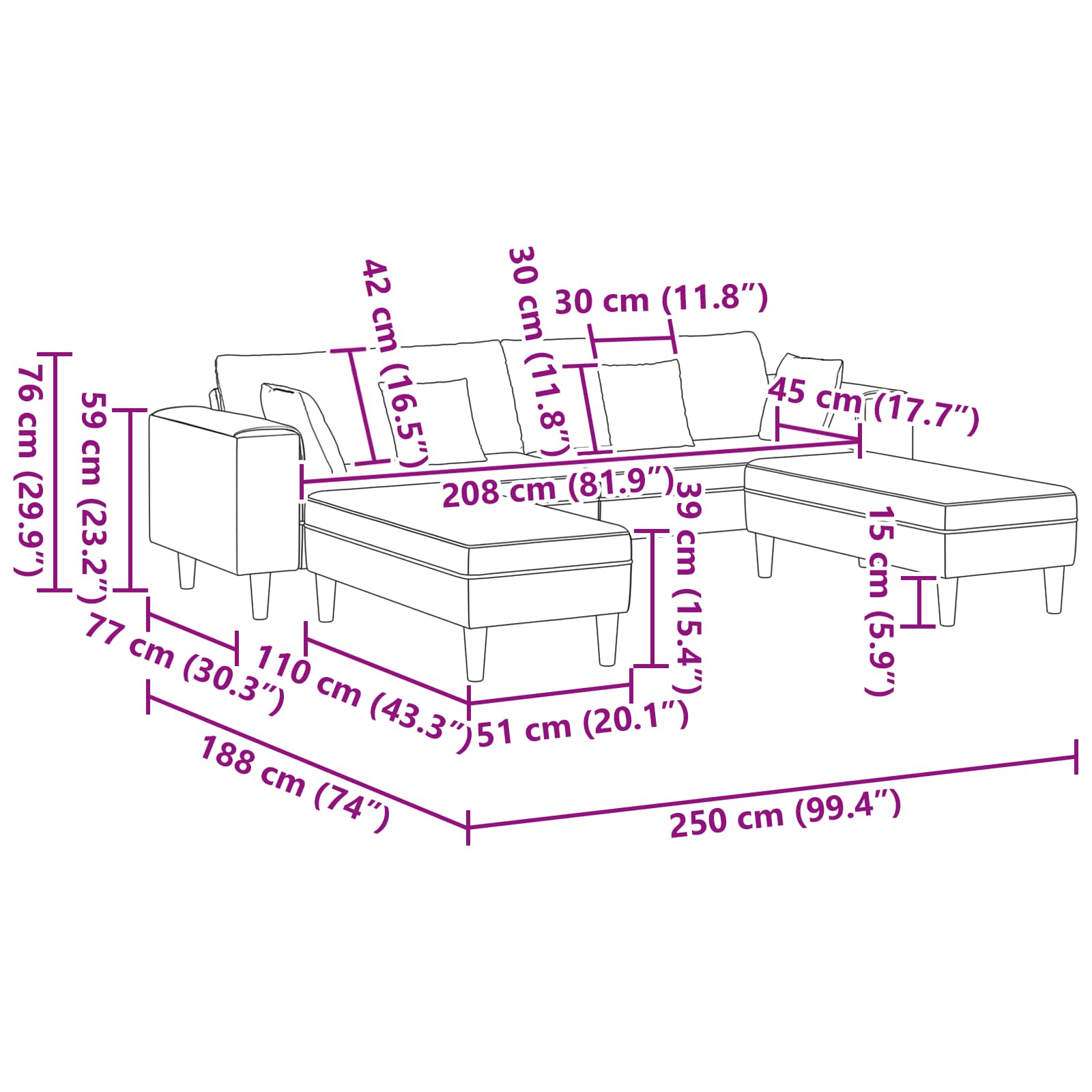 Sofa 3 pcs Svijetlo siva 250 x 188 x 76 cm Baršun