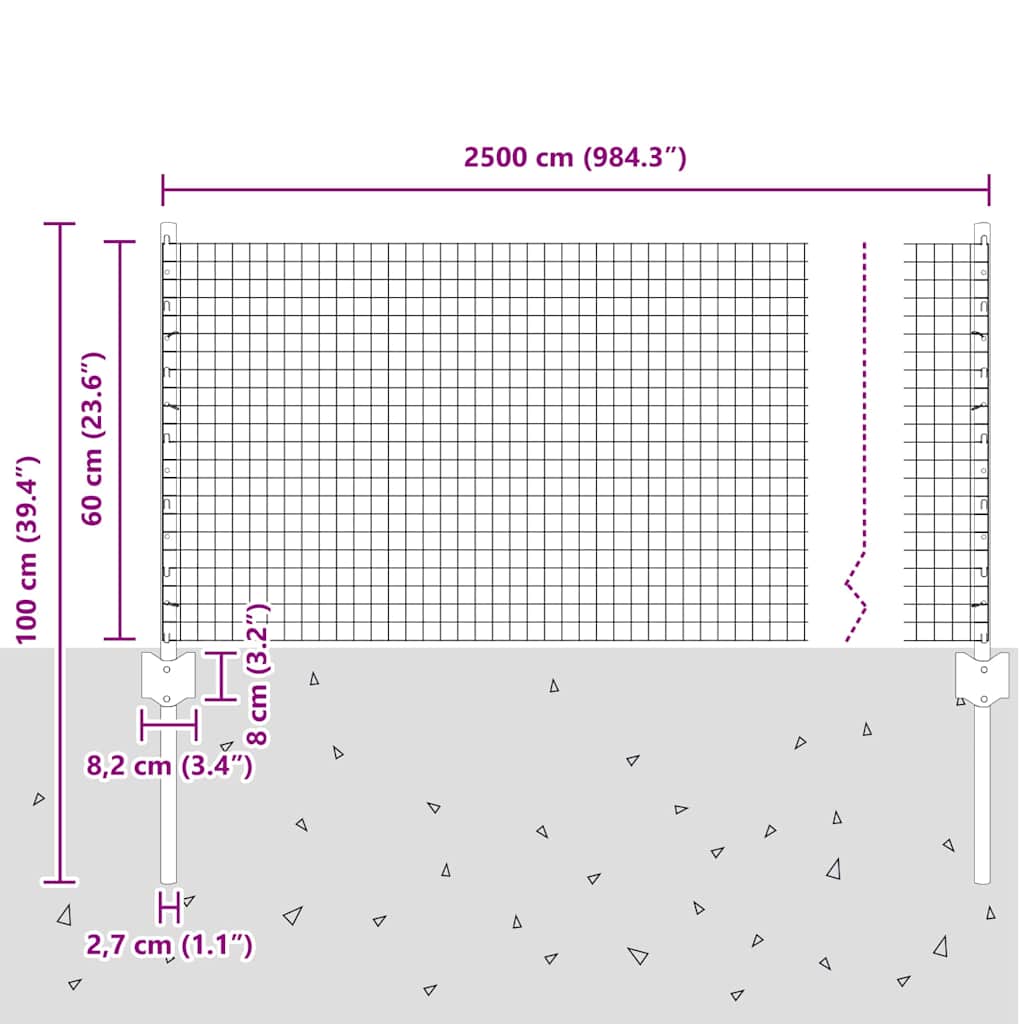 Zatvorena žičana ograda s postovima 25 x 0,6 m Siva Mreža