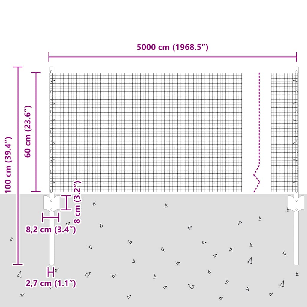 Zatvorena žičana ograda s postovima 50 x 0,6 m Siva Mreža