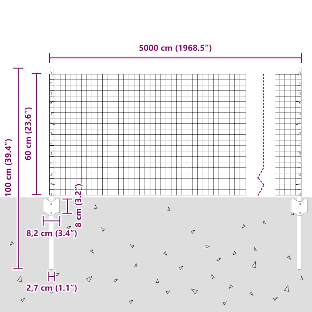 Zatvorena žičana ograda s postovima 50 x 0,6 m Siva Mreža