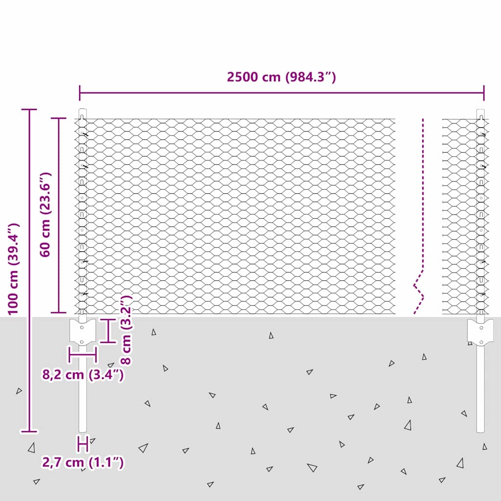 Heksagonalna ograda s stubom 25 x 0,6 m Pocinčani čelik Srebrna