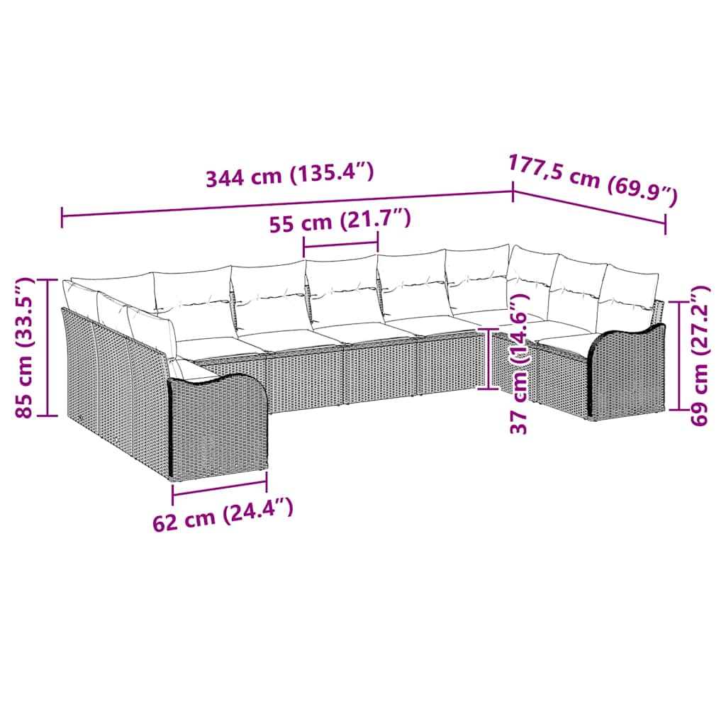 Sjedeća garnitura za vrt Crna 344 x 177,5 x 85 cm poliratan