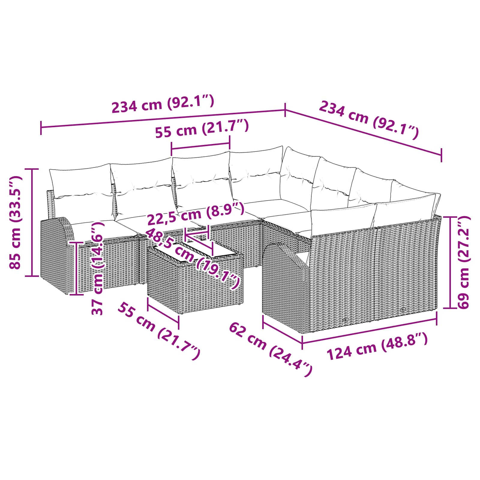 Set sofe 9 pcs Smeđa i crvena Poliester