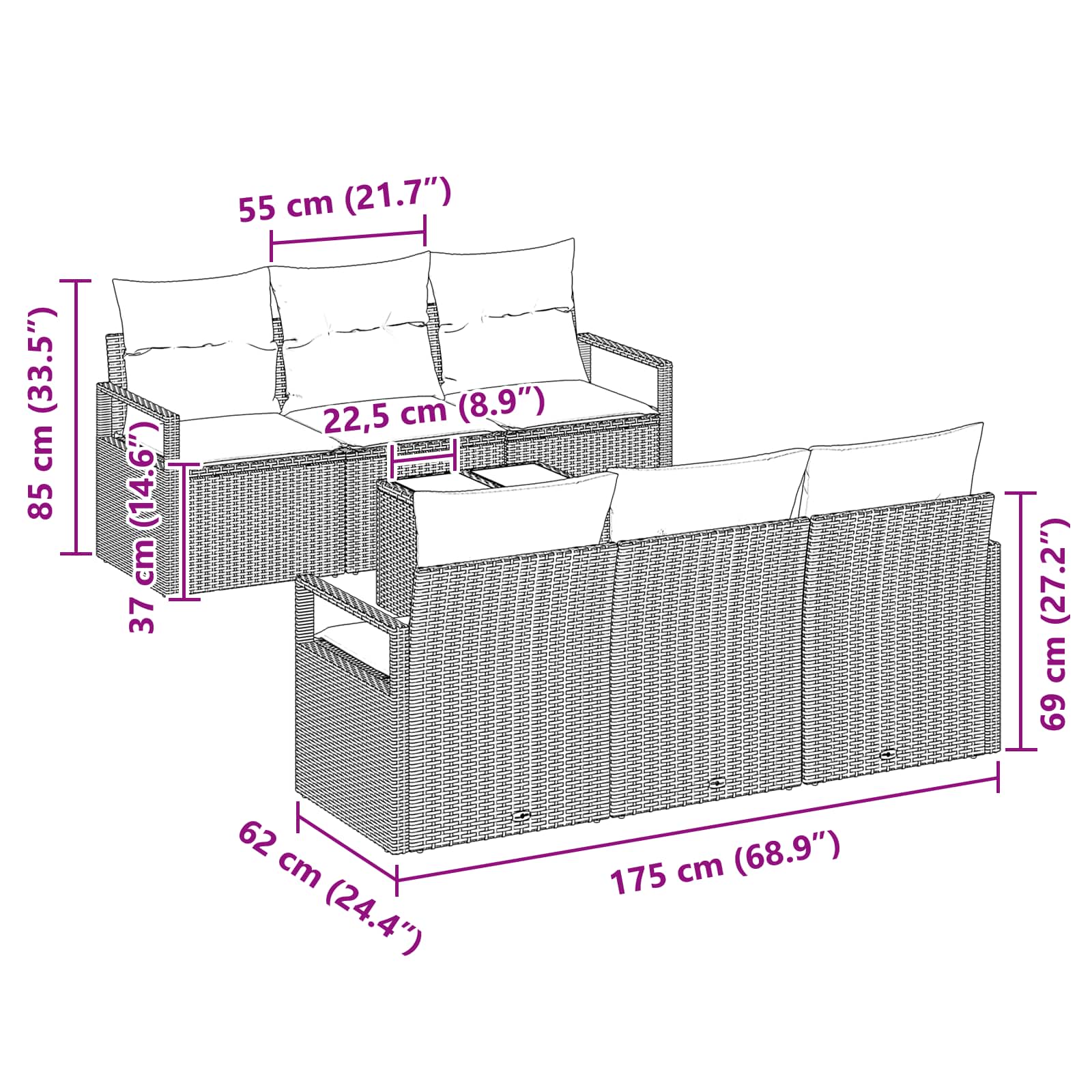 Set sofe s jastukom 7 pcs Crna i Tirkizna poliratan