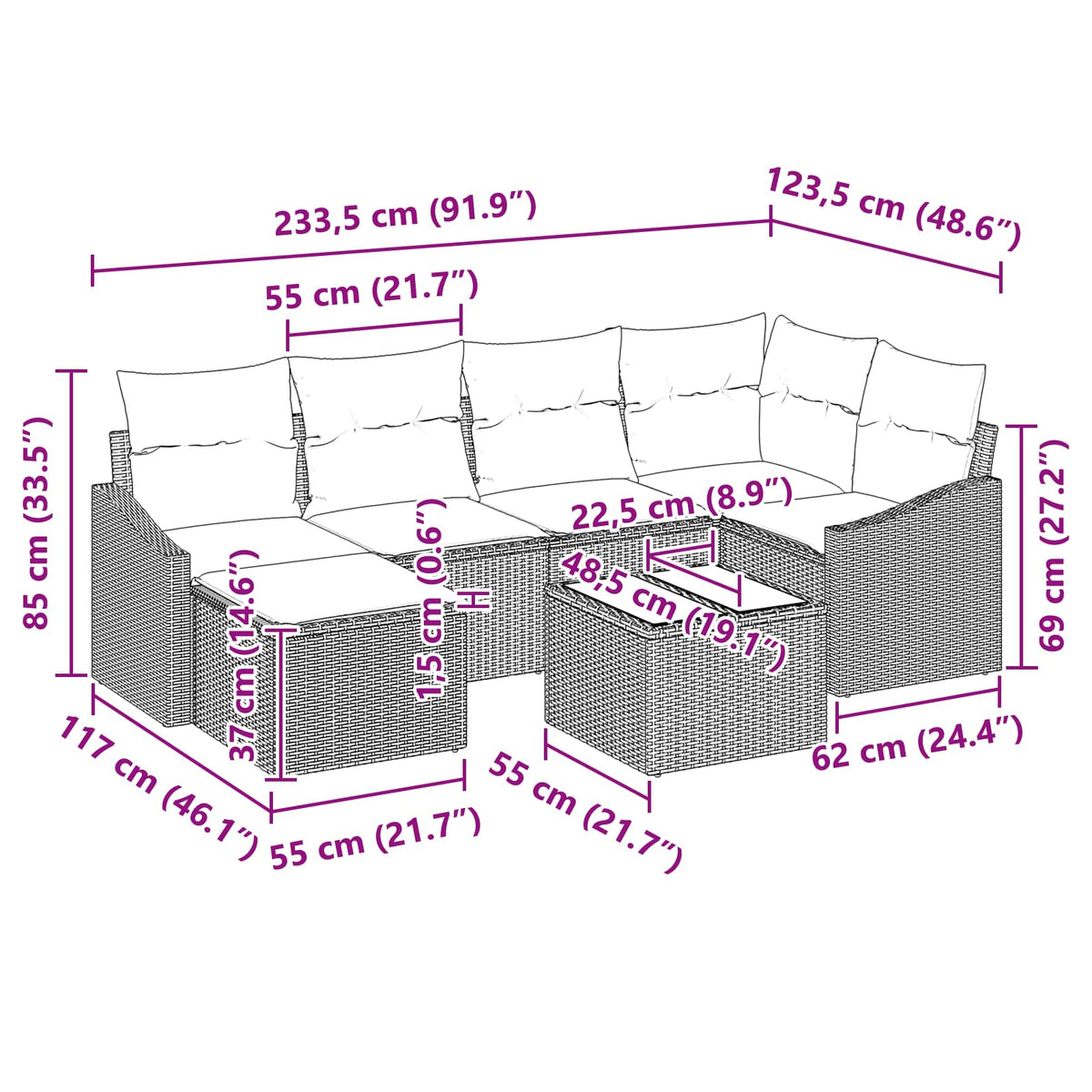 Set sofe 7 kom. Crna poliratan 288,5 x 123,5 x 85 cm