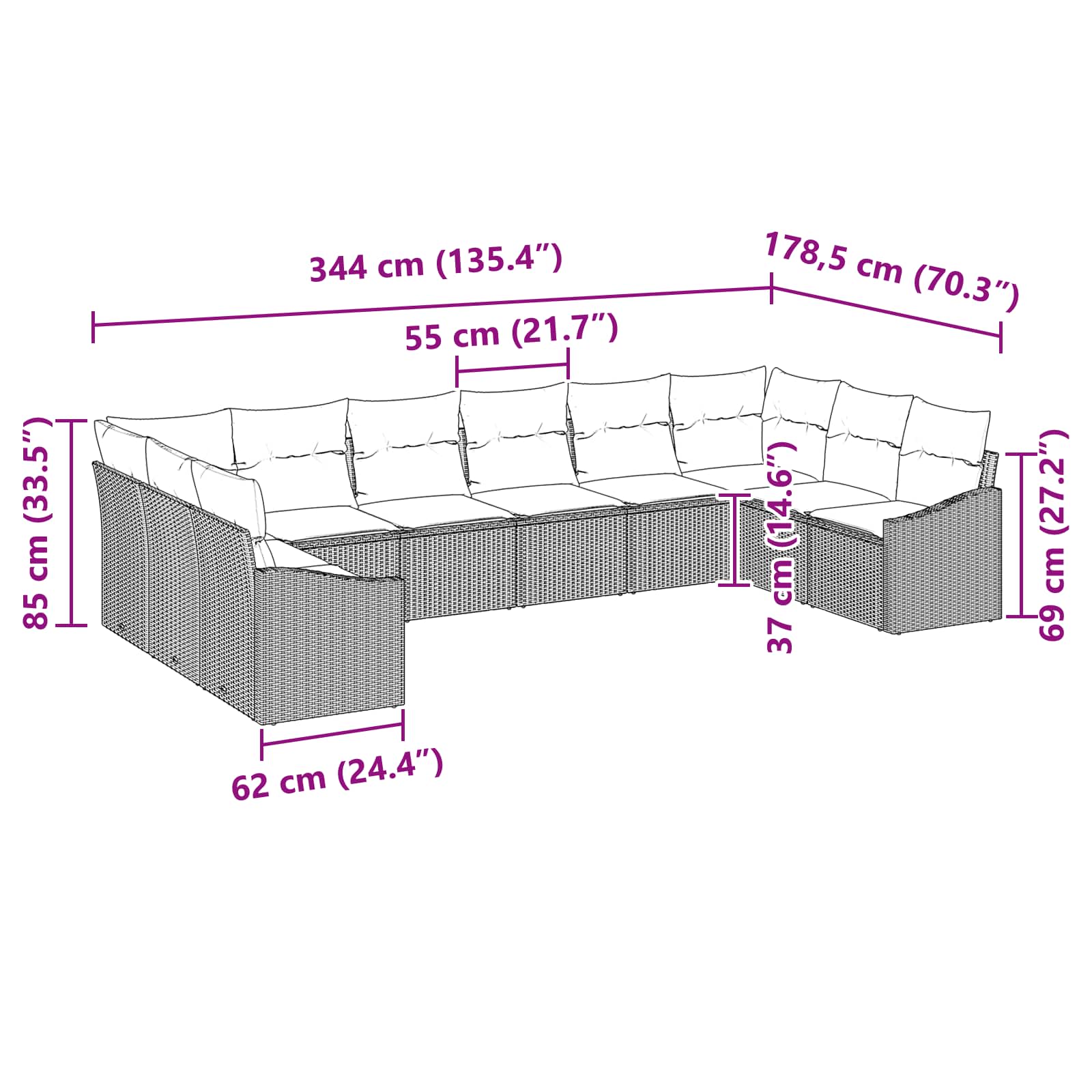 Set sofe s jastukom 10 pcs Crna poliratan