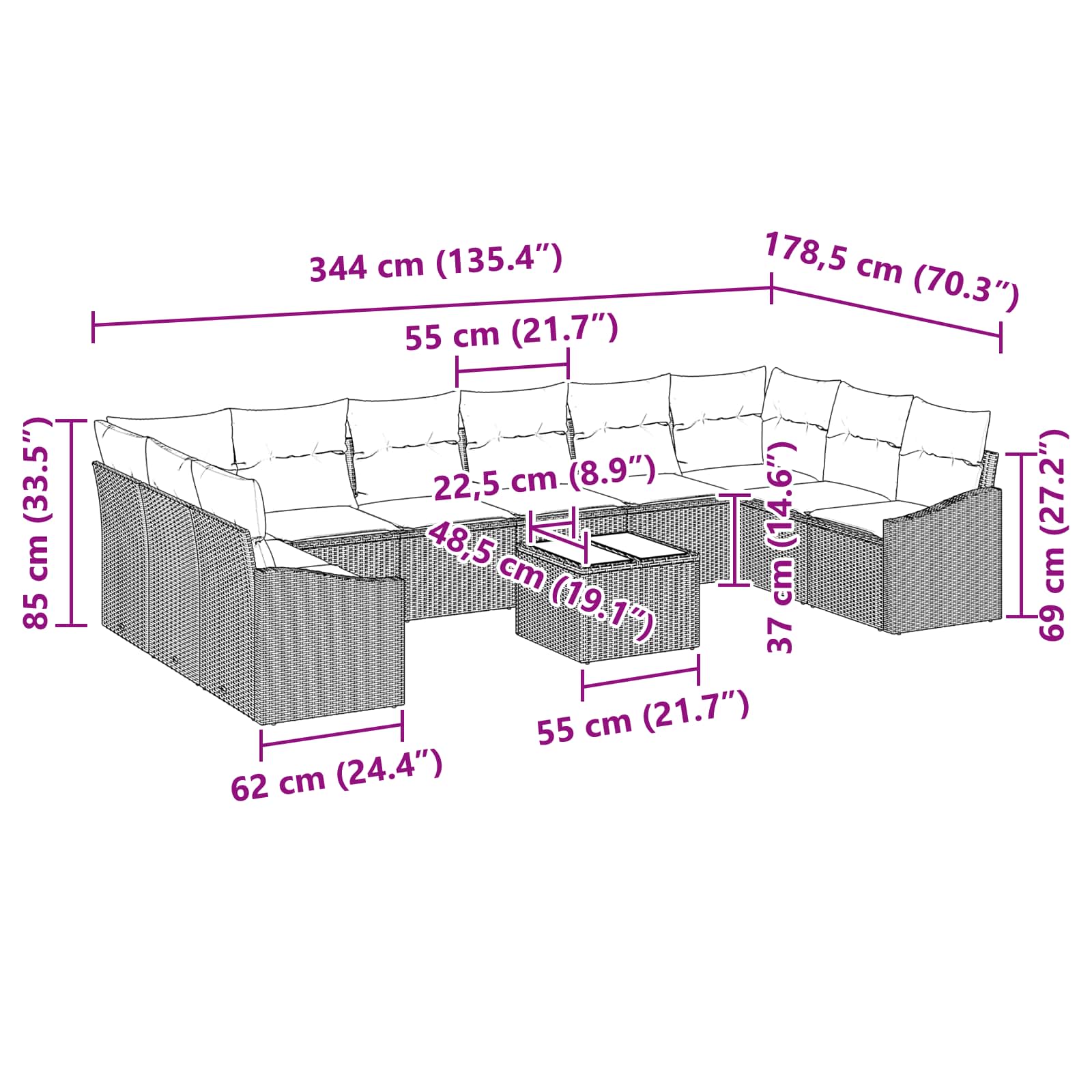 Set sofe s jastukom 11 pcs Crna poliratan