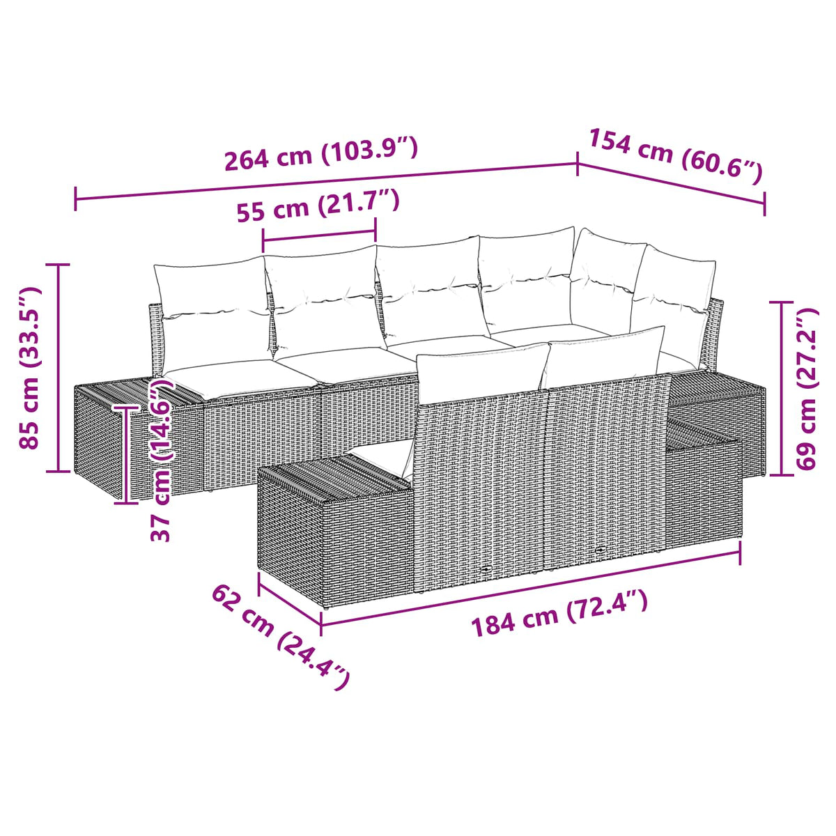 Sjedeća garnitura za vrt 7 kom. Crna poliratan 184 x 62 x 85 cm